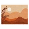 Modern landscape wool area rug featuring abstract desert mountains and palm fronds in terracotta tones with white moon, contemporary 9x12 size