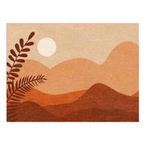 Modern landscape wool area rug featuring abstract desert mountains and palm fronds in terracotta tones with white moon, contemporary 9x12 size