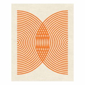 Modern geometric wool area rug featuring symmetrical orange concentric lines creating optical pattern on cream background, contemporary 8x10 size