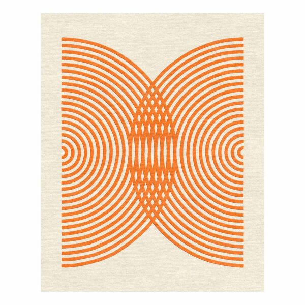 Modern geometric wool area rug featuring symmetrical orange concentric lines creating optical pattern on cream background, contemporary 8x10 size