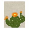 Modern botanical wool area rug featuring green prickly pear cactus with orange flowers and white spines on beige background, contemporary 8x10 size