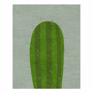 Modern botanical wool area rug featuring large green barrel cactus with detailed spines on sage background, contemporary 8x10 size