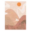 Modern landscape wool area rug featuring snowy mountains and forest silhouettes in pink tones with orange sun, contemporary 9x12 size