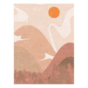 Modern landscape wool area rug featuring snowy mountains and forest silhouettes in pink tones with orange sun, contemporary 9x12 size