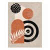 Modern abstract wool area rug with terracotta circles, black spiral pattern and white palm leaves on gray background, size 9x12 feet