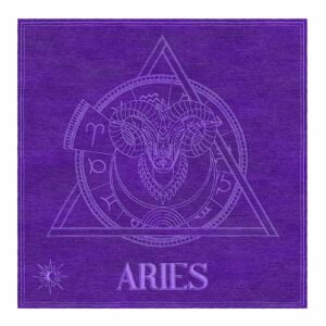 Sacred geometry Aries zodiac custom tufted wool rug with ram design and celestial symbols in purple