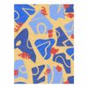 Large hand-tufted wool area rug featuring modern abstract pattern in navy and light blue with coral accents on golden background, size 9'x12'