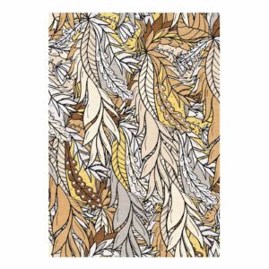 Hand-tufted wool area rug featuring flowing botanical pattern in ivory, gold, and brown with pearl-like accents and overlapping leaf designs