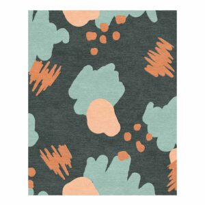 Modern hand-tufted wool area rug with organic abstract pattern featuring mint green clouds and peach brushstrokes on charcoal background, size 8'x10'