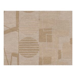 Neutral beige hand-tufted wool area rug with retro-inspired geometric patterns and carved circular motifs, size 8x10 feet