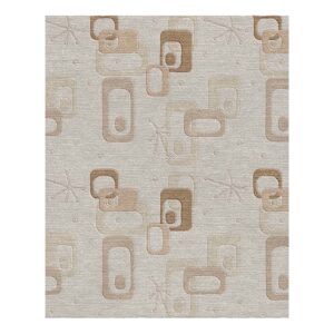 Light gray hand-tufted wool area rug with floating geometric patterns in beige and cream featuring mid-century starburst accents, size 8x10 feet