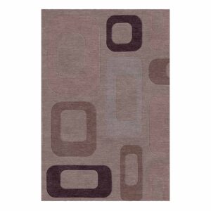 Mauve hand-tufted wool area rug with 70s-inspired geometric patterns in deep plum featuring carved rectangular frames, size 6x9 feet