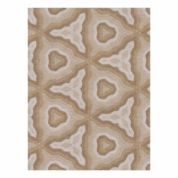 Sand and ivory hand-tufted wool area rug featuring symmetrical topographic patterns with carved contour lines, size 9x12 feet