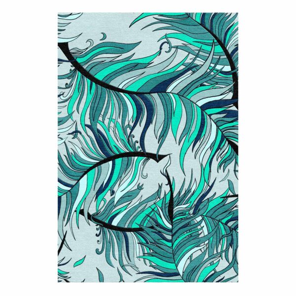 Aqua and emerald hand-tufted wool area rug with flowing tropical palm frond pattern featuring carved botanical details, size 6x9 feet