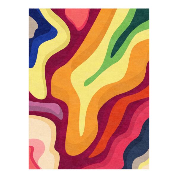 Modern abstract wool rug featuring flowing waves in burgundy orange yellow and navy hand tufted in 9x12 feet size