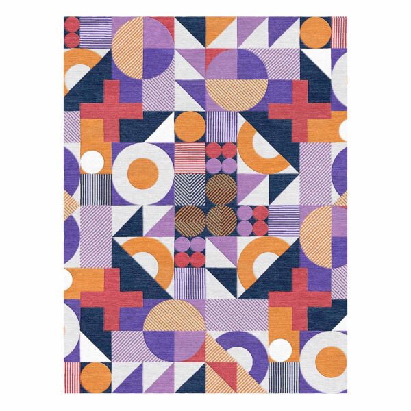 Modern geometric wool rug featuring purple navy and orange shapes with striped patterns hand tufted in 8x10 feet size