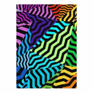 Modern geometric wool rug featuring rainbow colored chevron pattern with black contrasts hand tufted in 10x14 feet size