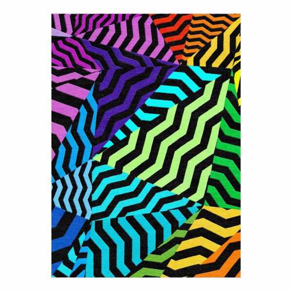 Modern geometric wool rug featuring rainbow colored chevron pattern with black contrasts hand tufted in 10x14 feet size