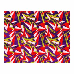 Modern geometric wool rug with vibrant red purple and lime green triangles custom tufted in 8x10 feet size