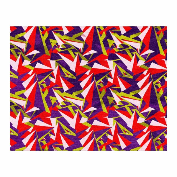 Modern geometric wool rug with vibrant red purple and lime green triangles custom tufted in 8x10 feet size