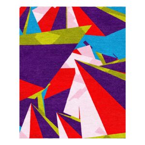 Modern abstract wool rug featuring red purple turquoise and pink triangles hand tufted in 8x10 feet size