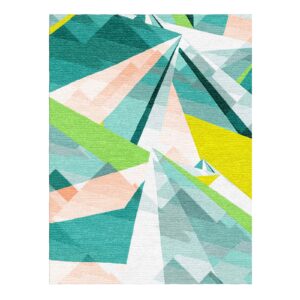 Modern geometric wool rug featuring teal mint and peach triangular pattern hand tufted in 9x12 feet size