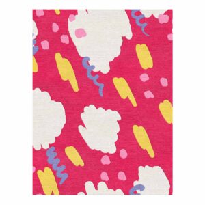 Large hand-tufted wool area rug with white cloud shapes, yellow accents, and periwinkle swirls on vibrant pink background, size 9'x12'