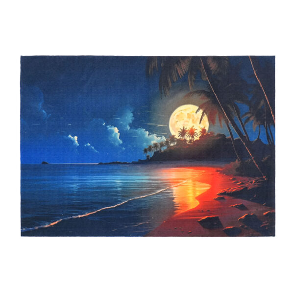 A blue tropical beach scene printed nylon rug featuring a full moon rising over palm trees, with deep blue ocean water and an orange-red reflective shoreline.